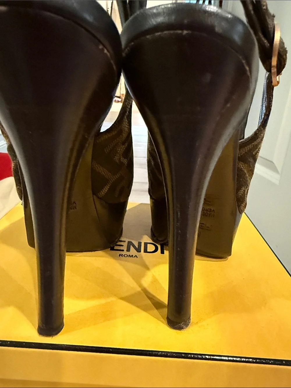 Fendi Brown Zucca Peep-Toe Slingback Heels